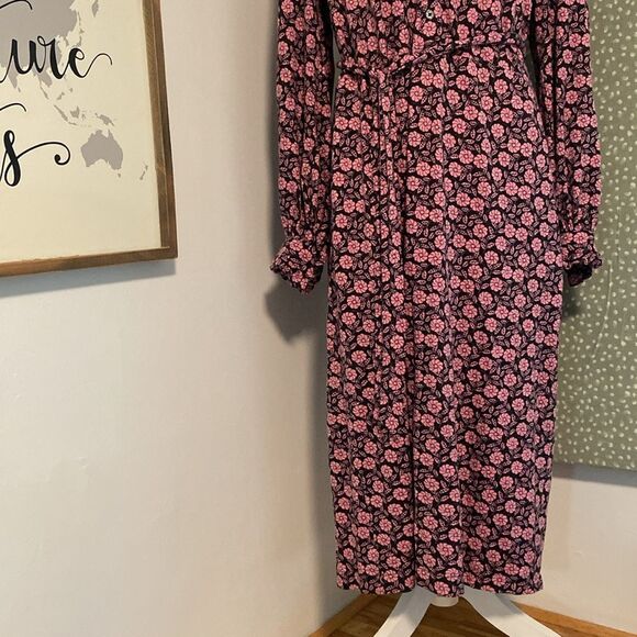 Boden Black & Pink Floral Long Sleeve Belted Midi Shirt Dress Size 10 - Picture 3 of 10